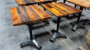 2 X CAST IRON BASED WOODEN TABLES (50X60CM)