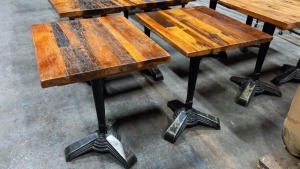 2 X CAST IRON BASED WOODEN TABLES (60X70CM)