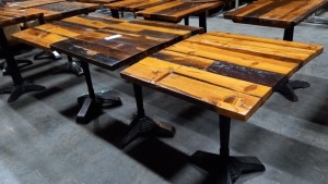 3 X CAST IRON BASED SLIGHTLY ARCHED WOODEN TABLES (70X60CM)