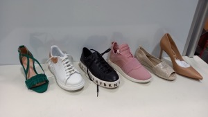 10 PIECE MIXED SHOE LOT IN VARIOUS SIZES CONTAINING DKNY TRAINERS, MODA WHITE TRAINERS, RAINBOW CLUB HIGH HEELS AND HEAD OVER HEELS LOAFERS ETC
