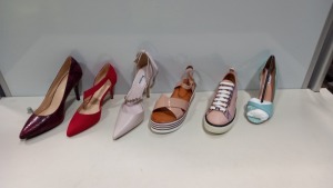 10 PIECE MIXED SHOE LOT IN VARIOUS SIZES CONTAINING DUNE LONDON HIGH HEELS, MODA IN PEELLE TRAINERS, DUNE LONDON TURQUOISE HIGH HEELS, NINE WEST HIGH HEELS IN VARIOUS COLOURS AND STYLES ETC