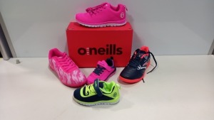10 PIECE MIXED KIDS SHOE LOT IN VARIOUS SIZES CONTAINING ONEILLS PINK TRAINERS, ONEILLS GREEN AND BLUE TRAINERS, JOMA NAVY AND ORANGE TRAINERS ETC