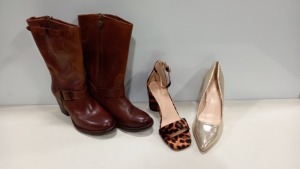 7 PIECE MIXED SHOE LOT IN VARIOUS SIZES CONTAINING DUNE LONDON HEELS, OASIS HEELS, NINE WEST HEELS AND BROWN HEELED BOOTS ETC