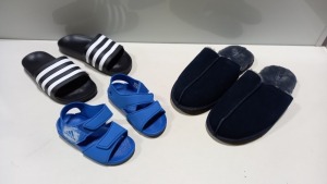 10 PIECE MIXED SHOE LOT IN VARIOUS SIZES CONTAINING TOMMY HILFIGER SLIDERS, ADIDAS SANDALS IN VARIOUS STYLES AND COLOURS AND HOWICK SLIPPERS ETC