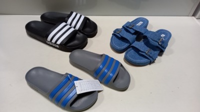 10 PIECE MIXED SLIDERS LOT IN VARIOUS SIZES CONTAINING JACK WILLS SLIDERS, DUNE LONDON DENIM SLIDERS AND ADIDAS SLIDERS IN VARIOUS COLOURS AND STYLES ETC