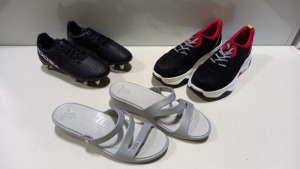 8 PIECE MIXED SHOE LOT IN VARIOUS SIZES CONTAINING SUPERDRY SLIPPERS, DUNE LONDON TRAINERS, COUGAR FOOTBALL BOOTS, CROCS SLIDERS AND TOM TOM PUMPS ETC
