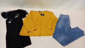 6 PIECE MIXED CLOTHING LOT CONTAINING MARELLA BLOUSE SIZE 16, OUI JEANS SIZE 8, SISTER GLAM DRESS SIZE 10, PEPEY JEANS DENIM JACKET SIZE MEDIUM, SCOTH & SODER JUMPER SIZE XL AND A KENDALL & KYLIE DRESS SIZE SMALL