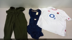 6 PIECE MIXED CLOTHING LOT CONTAINING YUMMY DRESS SIZE 12, UMBRO RUGBY TOP SIZE 2XL, RELIGION JUMPSUIT SIZE 14, BARDOT DRESS SIZE 16, GESTUZ DRESS SIZE 6 AND A GINNA BACONNI DRESS SIZE 18