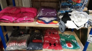 16 PIECE MIXED CHILDRENS CLOTHING LOT CONTAINING UNDER ARMOUR WRU JERSEYS, CONVERSE JUMPER, LONSDALE T SHIRTS, CANTERBURY RUGBY TOPS AND A JUICY JACKJET ETC
