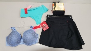 20 PIECE MIXED SPANX LOT CONTAINING BLACK POWER SKIRT RRP $98.00 AND SKINNY BRITCHES CAPRI BLACK SHAPING PANTS, SHAPING LEGGINGS, PUSH UP PLUNGE POWDER BLUE BRA SIZXE 36D AND VARIOUS THONGS IN VARIOUS COLOURS AND SIZES ETC