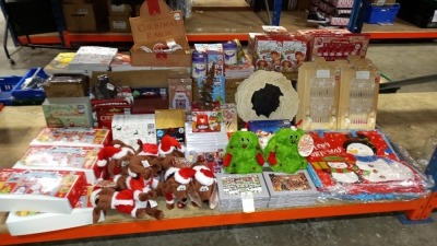 LARGE QUANTIITY ASSORTED BRAND NEW CHRISTMAS LOT CONTAINING 12 CRAFT MAKES OF CHRSITMAS, SINGING DANCING DOGS, CHRISTMAS CARDS, PERSONLISE YOUR OWN CRACKERS, CHRISTMAS CRACKER PROPS, VARIOUS BOOKS, LARGE CHRISTMAS SHOPPING BAGS, RIBBONS, SANTA SNOOP ALARM