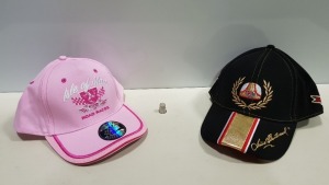 50 PIECE MIXED RACING HAT LOT CONTAINING 25 X ISLE OF MAN HATS AND 25 X MIKE HALEWOOD MBE HATS ALL OFFICIAL MERCHANDISE