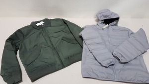 10 X BRAND NEW TOPMAN KHAKI COLLARED ZIP UP PADDED JACKETS SIZE MEDIUM AND 6 X BRAND NEW TOPMAN GREY HOODED PUFFER JACKETS SIZE SMALL