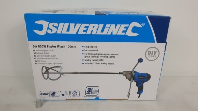 2 X SILVERLINE DIY 850W PAINT / CEMENT / PLASTER MIXERS WITH 120MM DIA PADDLE, 80 LITRE