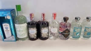 8 PIECE ASSORTED GIN LOT CONTAINING BOMBAY SAPPHIRE, HAYSMITHS, COOPER KING AND DRURY LONDON DRY GIN.