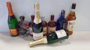 9 PIECE ASSORTED ALCOHOL LOT CONTAINING DELACOURT CHAMPAGNE, HORTUS GIN, COOPER KING GIN, 6 OCLOCK GIN, BELLS WHISKEY AND BUCKS FIZZ