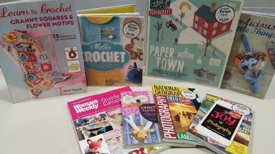 APPROX 150 BRAND NEW ASSORTED BOOK LOT CONTAINING THE JOY OF IPHOTOGRAPHY, CROCHET TAXIDERMY, PHOTOGRAPHY BOOK, WOMENS WEEKLY, SEW-LICIOUS LITTLE THINGS, LEARN TO CROCHET, PAPER CRAFT PAPER TOW, ETC - IN 5 BOXES