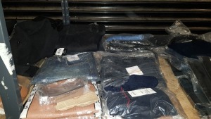 21 PIECE MIXED CLOTHING LOT CONTAINING MANGO WAIST COAT, BURTON MENSWEAR DENIM JEANS IN BLUE AND BLACK, BURTON MENSWEAR SWEATSHIRT, BURTON MENSWEAR POLO SHIRT, BURTON MENSWEAR JACKET AND A BURTON MENSWEAR BELT ETC