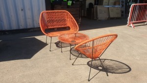 3 PC ORANGE STRING BISTRO SET COMPRISING LARGE ROUND COFFEE TABLE WITH TEMPERED GLASS TOP, DOUBLE