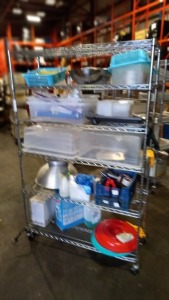 1 X STAINLESS STEEL 6 TIERED MOBILE SHELVING UNIT (INCLUDES CONTENT SHOWN WITHIN IMAGE)