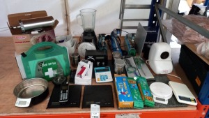 ASSORTED LOT CONTAINING SCALES, SAUSAGE STUFFER, BLENDER, BAG SEALERS, TEMPERATURE PROBE, TEFAL HV2, DISHES, FIRST AID KIT ETC