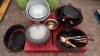 ASSORTED COOKING LOT CONTAINING VARIOUS SIZED WOKS, COOKING UTENSILS AND STRAINERS - ON ONE PALLET