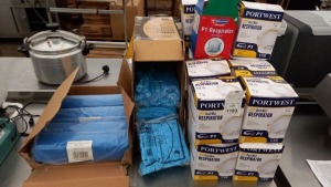 ASSORTED LOT CONTAINING PORTWEST FFP1 DUST MIST RESPIRATOR, HAIR NETS AND BLUE POLYTHENE APRONS.