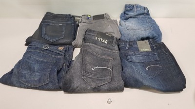 6 X PAIRS OF BRAND NEW G-STAR RAW JEANS IN VARIOUS STYLES & COLOURS IE. LIGHT BLUE, DARK BLUE, GREY AND BLACK - RRP £480 - SIZE 30