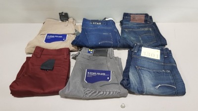 6 X PAIRS OF BRAND NEW G-STAR RAW JEANS IN VARIOUS STYLES & COLOURS IE. LIGHT BLUE DARK BLUE AND GREY - RRP £480 - 5 X SIZE 30, 1 X 31 BURGUNDY