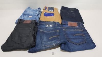 6 X PAIRS OF BRAND NEW G-STAR RAW JEANS IN VARIOUS SIZES, STYLES & COLOURS IE. LIGHT BLUE, DARK BLUE, BROWN AND BLACK - RRP £480 - SIZES 1 X 34, 2 X 33, 1 X 32, 2 X 29