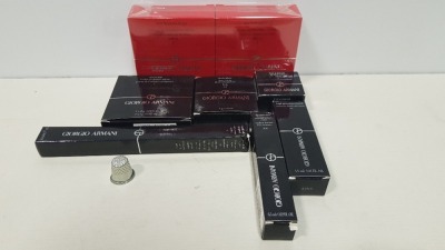 18 PIECE BRAND NEW ASSORTED GIORGIO ARMANI LOT CONTAINING EYE&BROW MAESTRO, 4 COLOUR EYE SHADOW PALETTE, HIGH PRECISION RETOUCH, ESSENCE-IN-FOUNDATION CUSHION, LUMINOUS SILK COMPACT ETC (PLEASE NOTE SOME BOXES DAMAGED)