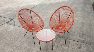 3 PC ORANGE STRING BISTRO SET COMPRISING MEDIUM ROUND COFFEE TABLE WITH TEMPERED GLASS TOP AND 2