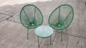 3 PC GREEN STRING BISTRO SET COMPRISING ROUND COFFEE TABLE WITH TEMPERED GLASS TOP AND 2 SINGLE