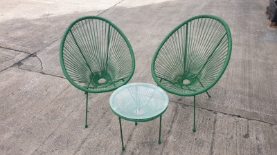 3 PC GREEN STRING BISTRO SET COMPRISING ROUND COFFEE TABLE WITH TEMPERED GLASS TOP AND 2 SINGLE