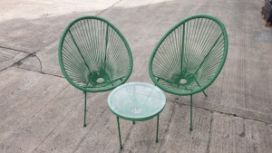 3 PC GREEN STRING BISTRO SET COMPRISING ROUND COFFEE TABLE WITH TEMPERED GLASS TOP AND 2 SINGLE