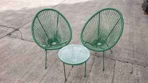 3 PC GREEN STRING BISTRO SET COMPRISING ROUND COFFEE TABLE WITH TEMPERED GLASS TOP AND 2 SINGLE