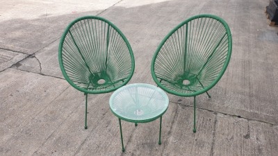 3 PC GREEN STRING BISTRO SET COMPRISING ROUND COFFEE TABLE WITH TEMPERED GLASS TOP AND 2 SINGLE