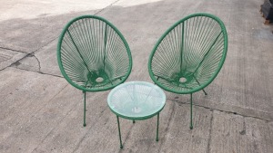 3 PC GREEN STRING BISTRO SET COMPRISING ROUND COFFEE TABLE WITH TEMPERED GLASS TOP AND 2 SINGLE