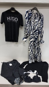 6 PIECE MIXED CLOTHING LOT CONTAINING FREYA BRA SIZE 34E, PINACLE CYCLE TROUSERS SIZE 14, HUGO BOSS T SHIRT SIZE SMALL, TED BAKER SHIRT SIZE 1, LINEA V NECK JUMPER SIZE LARGE, TED BAKER DRESS SIZE 4