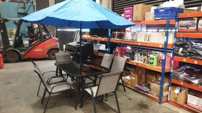 8 PC GARDEN FURNITURE SET COMPRISING BLACK GLASS TOP RECTANGULAR TABLE, 6 X GREY & BLACK CHAIRS