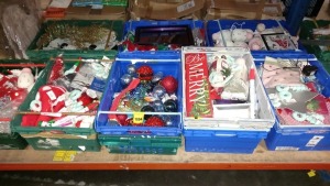 LARGE QTY OF ASSORTED PREMIER CHRISTMAS DECORATIONS IN 8 TRAYS (NOT INC) IE. HATS, BAUBLES, CHARGERS, ORNAMENTS, TABLE RUNNER, METAL CHRISTMAS TREE HANGERS, ARTIFICIAL FLOWERS ETC