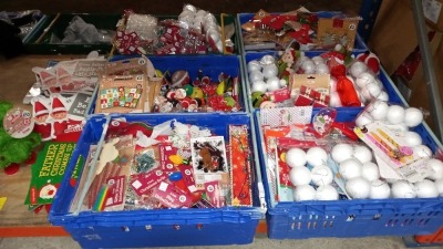 LARGE QTY OF ASSORTED CHRISTMAS DECORATIONS IN 6 TRAYS (NOT INC) & LOOSE IE. BAUBLES, SANTA SACKS, CHRISTMAS BINGO, PLUSH ELVES, REINDEER ANTLERS, COOKIE CUTTERS, KEYRINGS, SINGING DANCING TREE, ELVES BEHAVING BADLY SIGNS ETC,.