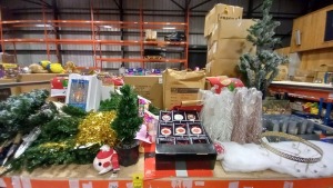 LARGE QTY OF ASSORTED CHRISTMAS DECORATIONS ON ONE FULL SHELF IE.LIGHT UP LED WREATHS, COASTERS, LED LIGHTS, CHRISTMAS TREES, SANTA SACKS ETC (NOTE: SOME ONLINE RETURNS)