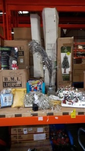 LARGE QTY OF ASSORTED CHRISTMAS DECORATIONS ON 1/2 SHELF IE. CHRISTMAS VILLAGE RESIN DISPLAYS, MULTI ACTION TREE LIGHTS, DC COMIC SWEETS & GAMES (SWEETS EXP 31/1/20) PRE LIT TREES (NOTE: SOME ONLINE RETURNS)