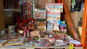 LARGE QTY OF ASSORTED CHRISTMAS DECORATIONS ON 1/2 SHELF IE.CHRISTMAS BOXES, JIGSAW PUZZLES, GIFT TAGS, RIBBON, WRAP ACCESSORY SETS, CARDS, CHILDRENS BOOKS, CAKE DECORATIONS, FOAM DECORATIONS ETC.