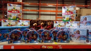 GREAT SELECTION OF 38 X LARGE BRAND NEW TOYS ON A FULL SHELF INCLUDING FINDING DORY MUSIC SETS, PAW PATROL DRUM KITS, BEAR HUGS TEDDY BEARS, MOLTO ACTIVITY MUSHROOMS &, DISNEY FROZEN II SPARKLE SNOW SLIME STATION