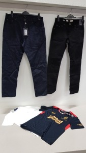 6 PIECE MIXED CLOTHING LOT CONTAINING RANGERS FOOTBALL SHIRT SIZE LARGE, TED BAKER BODYSUIT SIZE 1, TED BAKER CARDIGAN SIZE 2, TOMMY HILFIGER JEANS W30 L32, RALPH LAUREN T SHIRT SIZE SMALL AND TED BAKER JEANS SIZE 34R