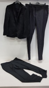 6 PIECE MIXED CLOTHING LOT CONTAINING HUGO BOSS BLAZER SIZE 46, SCOPES TROUSERS SIZE 38R, HUGO BOSS TROUSERS SIZE 54, HUGO BOSS TROUSERS SIZE 58, SEA SPRAY SWIMMING COSTUME SIZE XS AND WOOL THICK JACKET SIZE LARGE