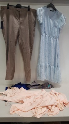 6 PIECE MIXED CLOTHING LOT CONTAINING FIRETRAP JEANS SIZE 54, MARINA DRESS SIZE 18, RALPH LAUREN DRESS SIZE 8, BRUHL TROUSERS SIZE 46, SEA FOLLY BIKINI TOP SIZE 12 AND DKNY SHORTS SIZE 10