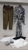 6 PIECE MIXED CLOTHING LOT CONTAINING TED BAKER TROUSERS SIZE 2, TED BAKER DRESS SIZE 3, PARIS T SHIRT, PINACLE CYCLE SHORTS SIZE XL, TED BAKER CARDIGAN SIZE 2 AND A CALVIN KLEIN BRA SIZE 34DD